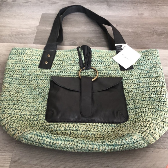 Free People Green En Riva Raffia Tote Black Leather Accents NWT - Picture 15 of 16
